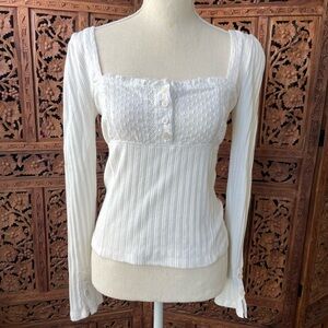Free People White cotton lace Square-Neck Ribbed Long-Sleeve Top